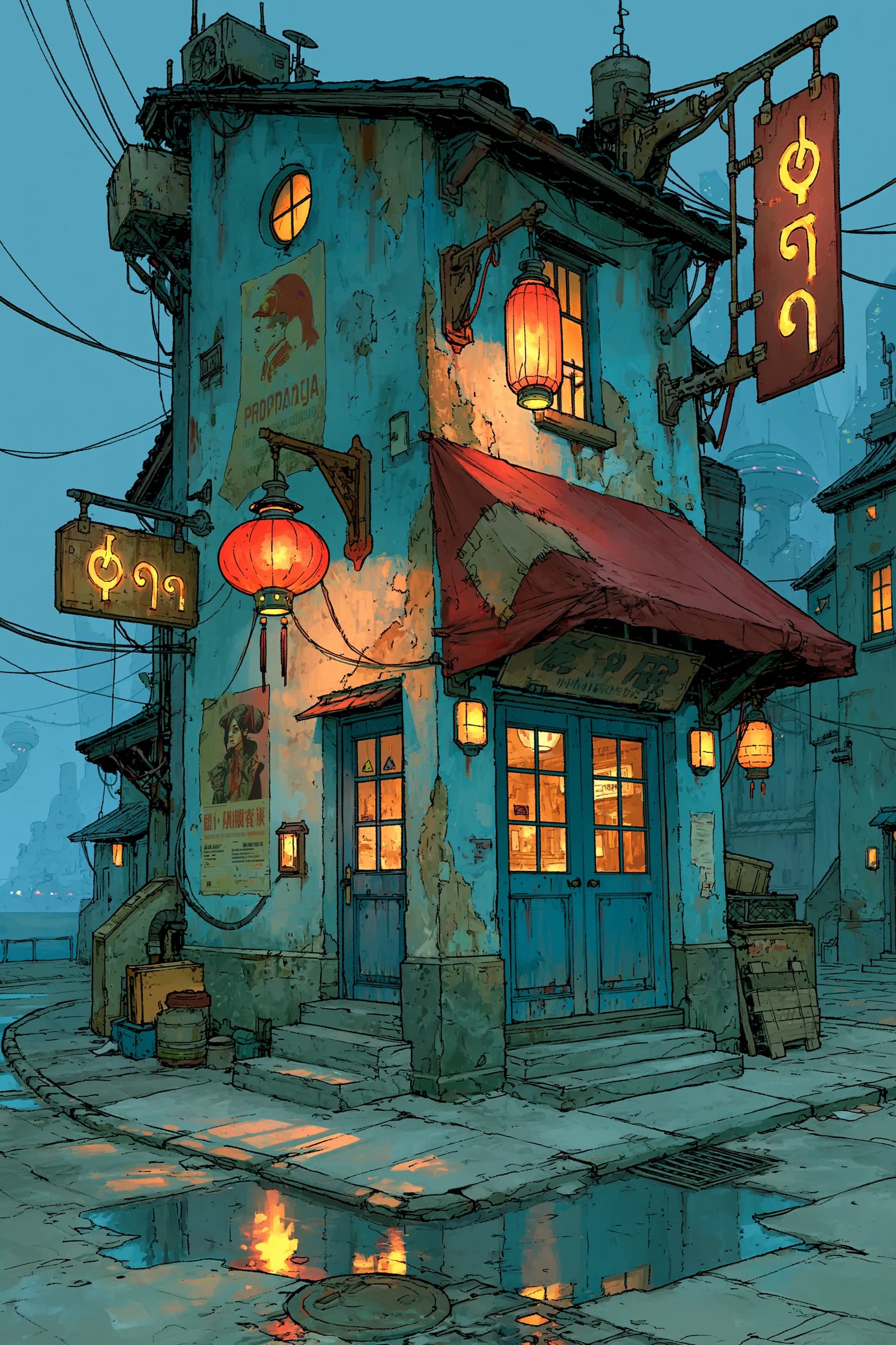 Detailed comic panel revealing a setting through background details