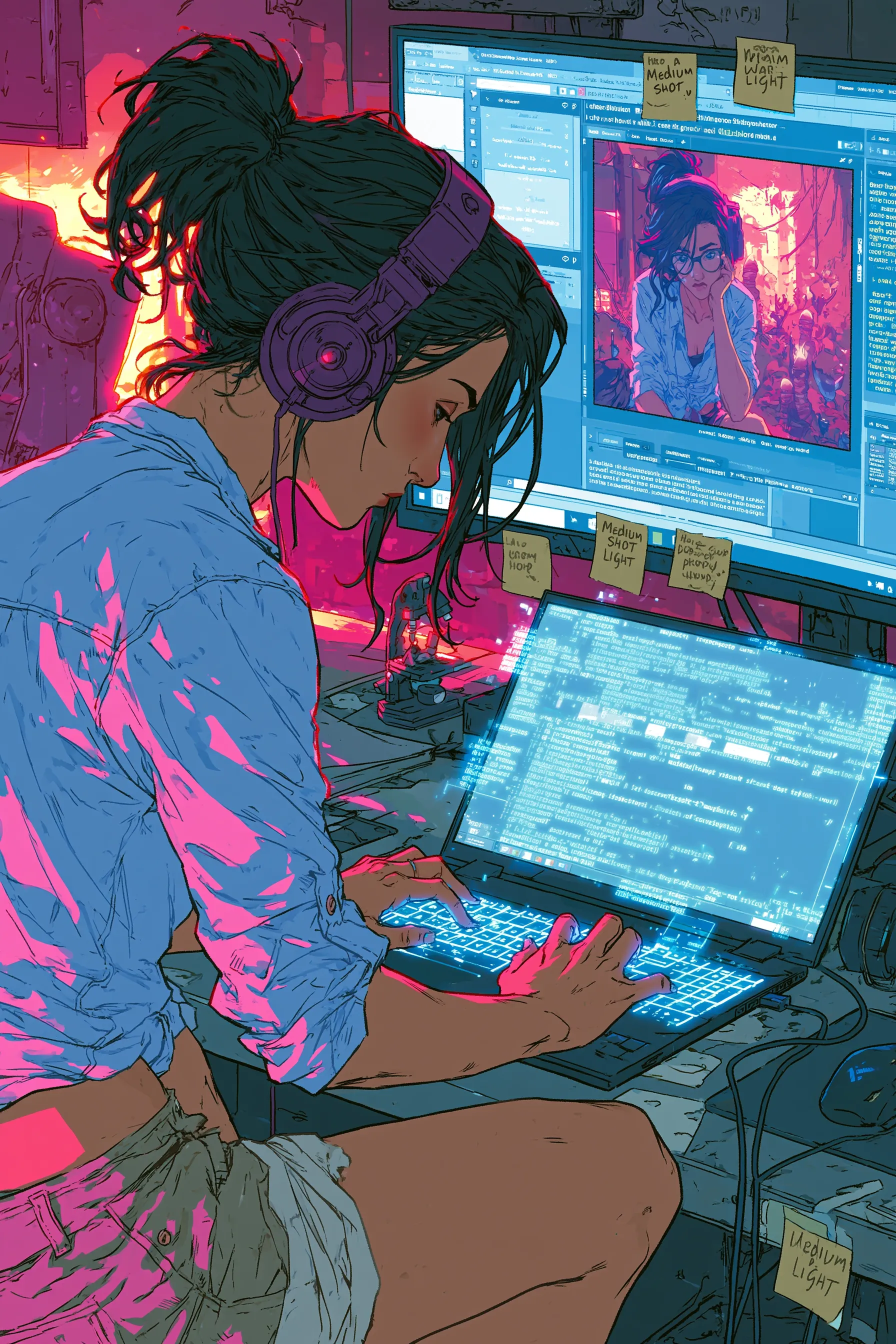Writer crafting an AI comic prompt with character and scene notes