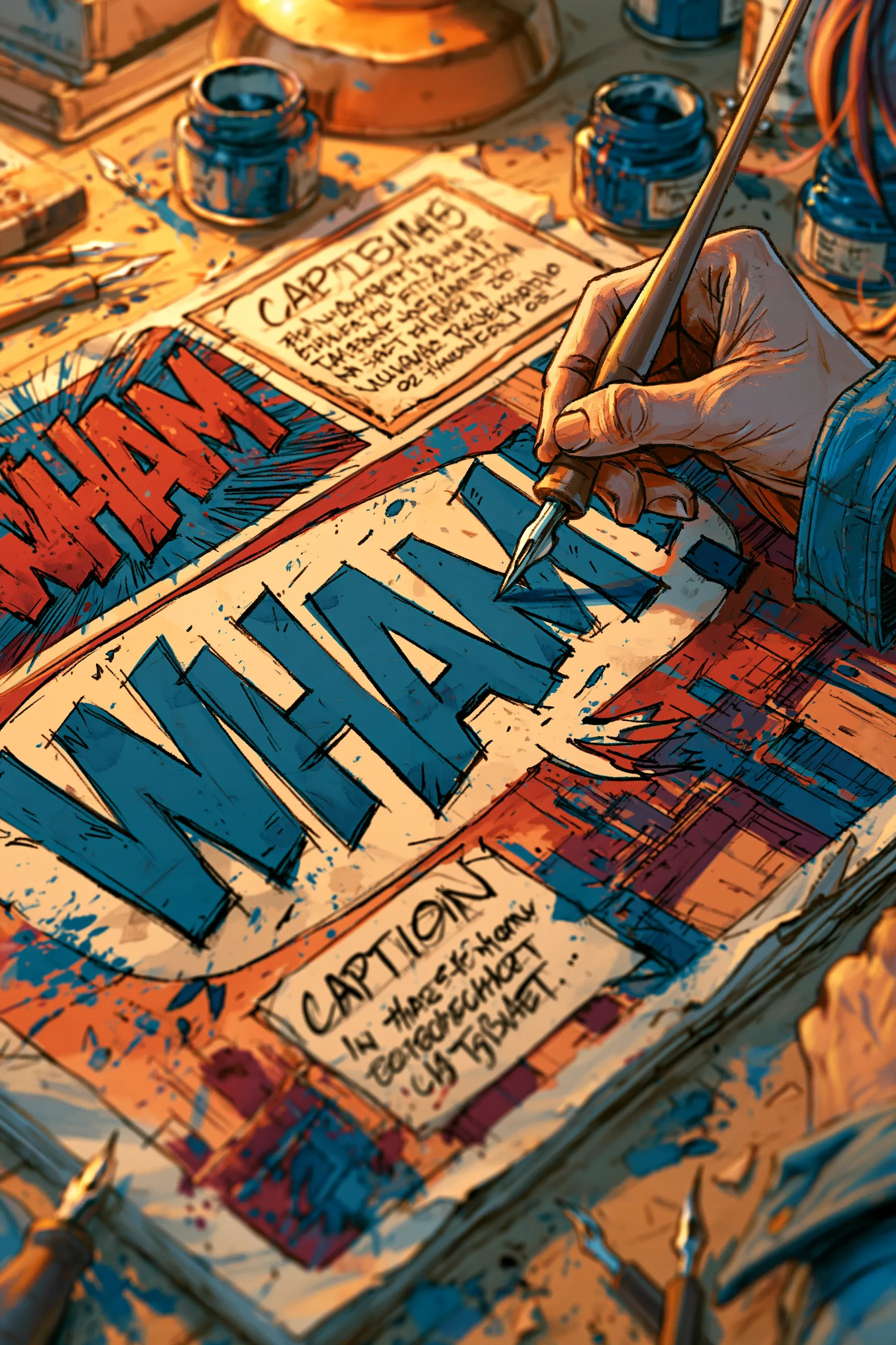 Comic page lettering with speech bubbles, captions, and sound effects