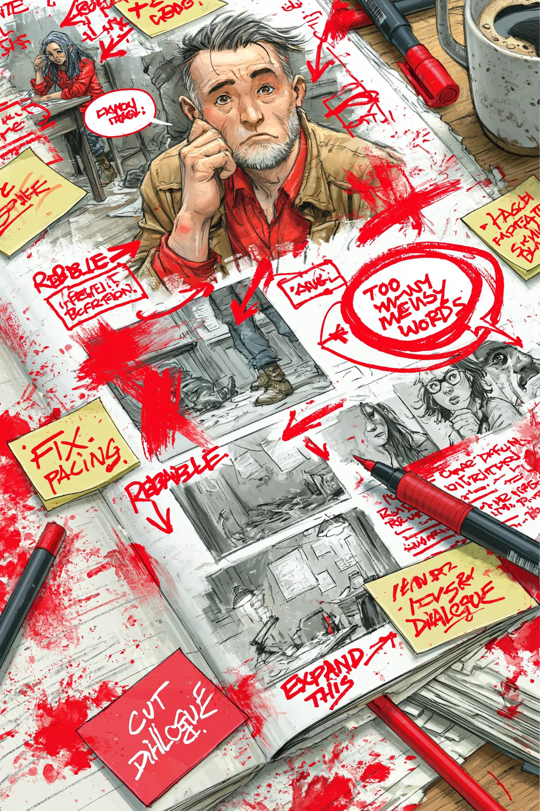 New comic creator reviewing pages and correcting common errors